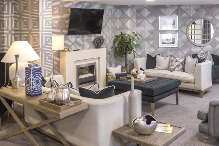 a living room with a fireplace