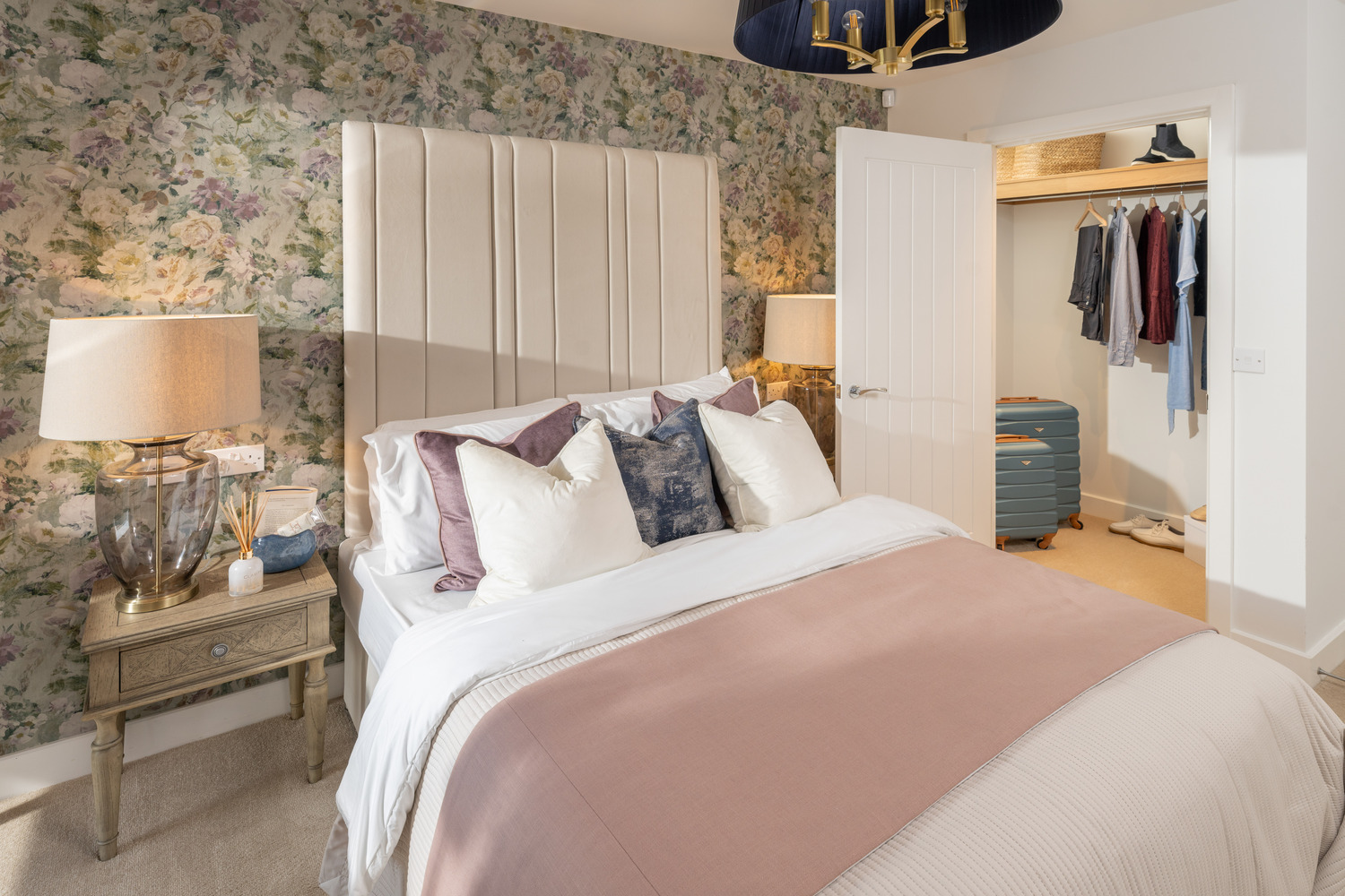 a bed with a white bed spread