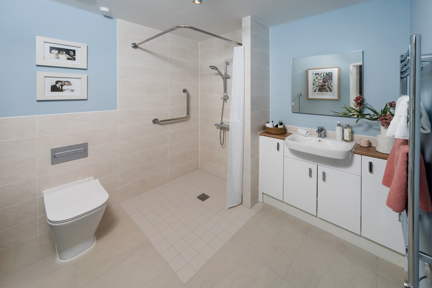 a bathroom with a shower and toilet