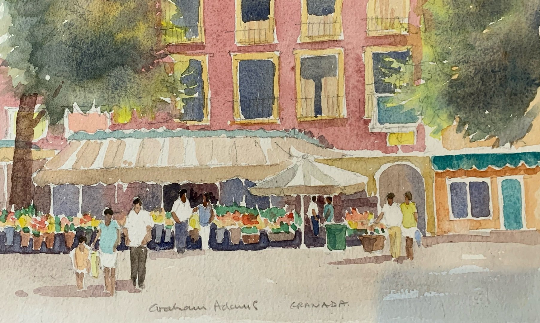 A landscape painting of a market stall in front of a pink building