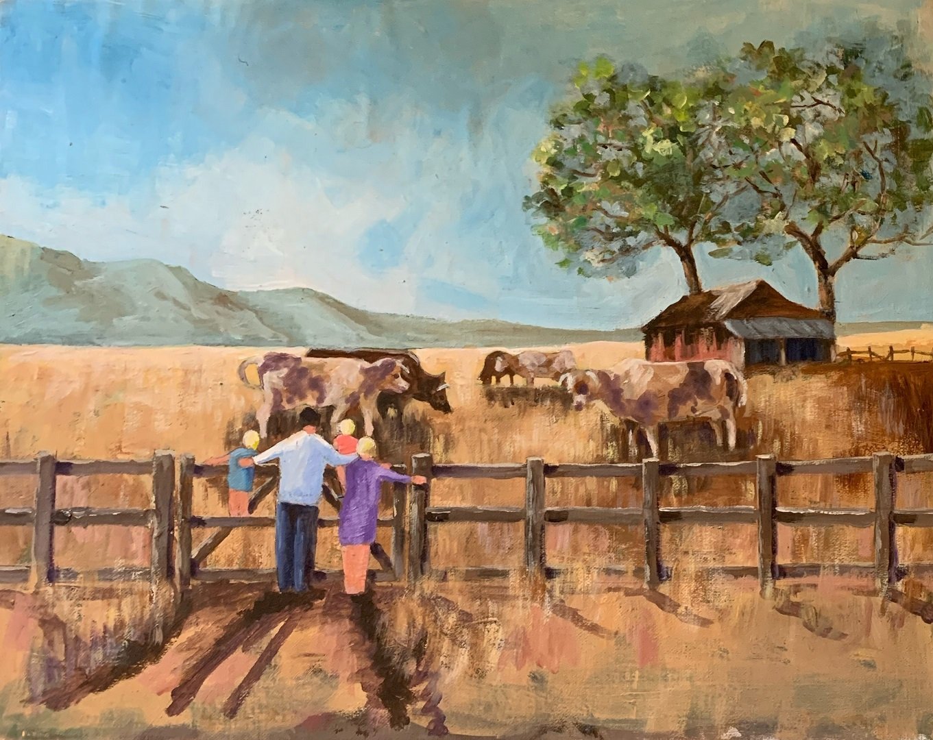 A landscape painting of a family looking over a fence into a field of cows