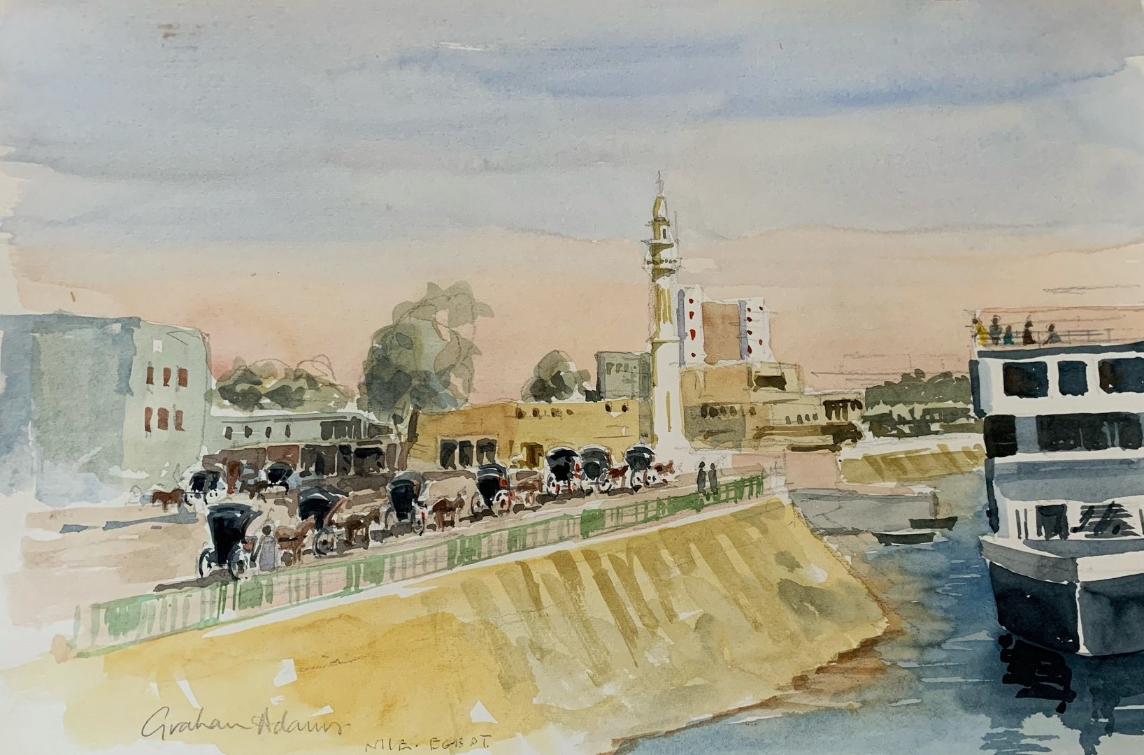 A landscape painting of a boat on a river