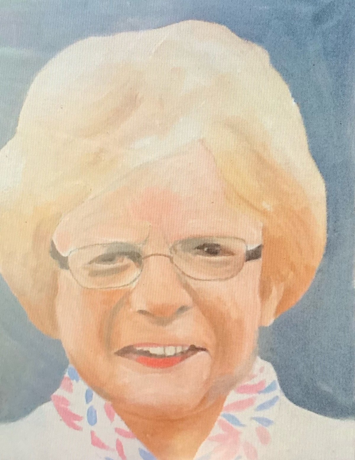 A portrait of an old lady with glasses and a white blouse