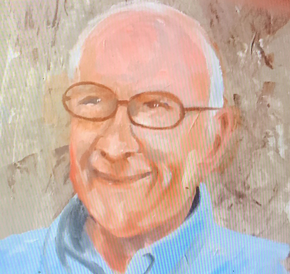 A portrait of an old man with glasses and a blue shirt