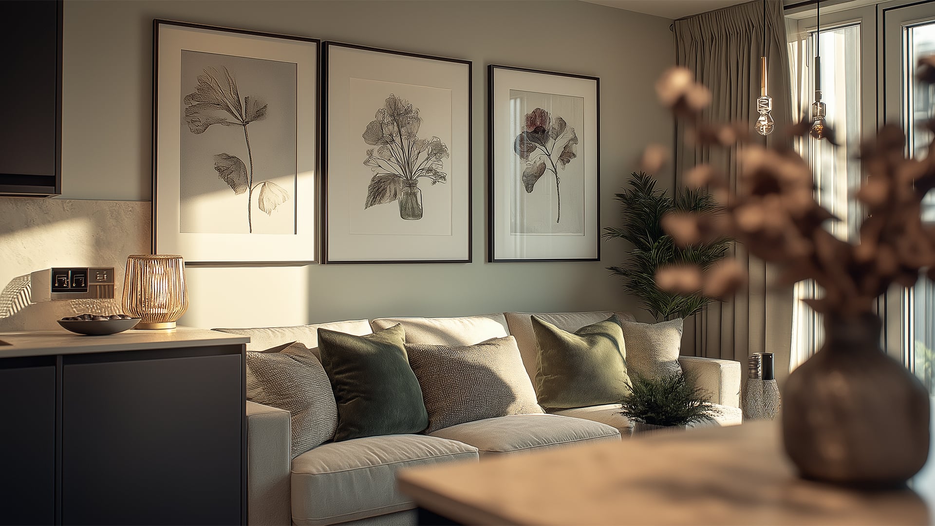 a living room with a couch and a table