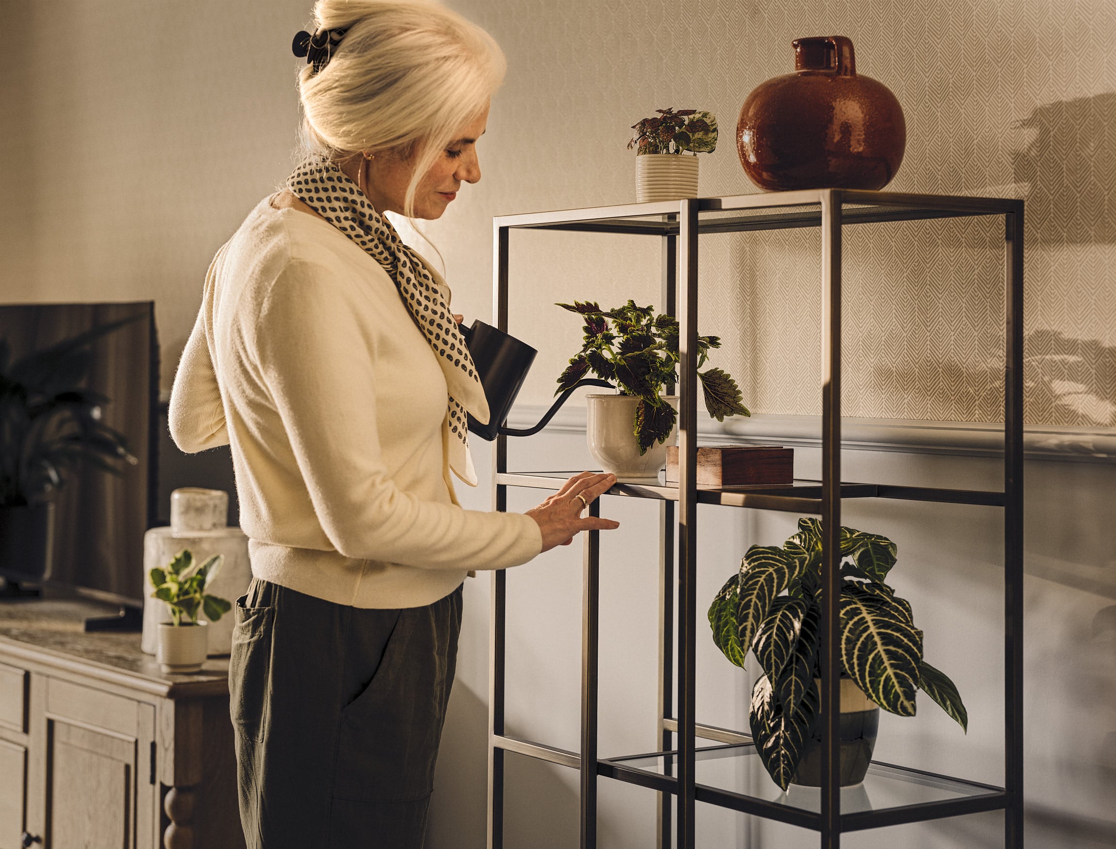 a person looking at a plant