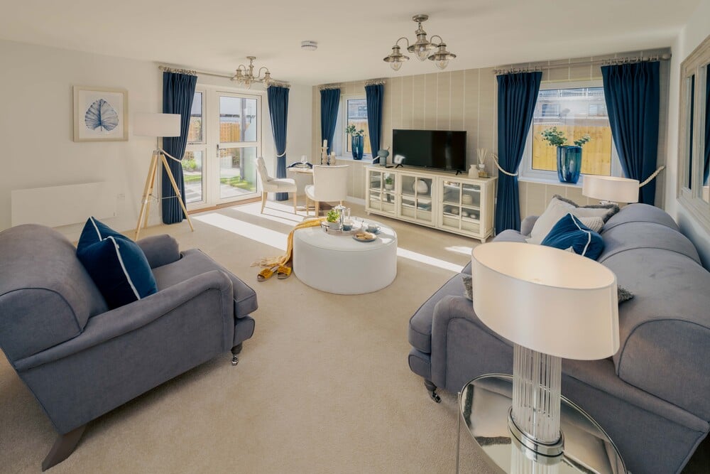 a living room with sofas