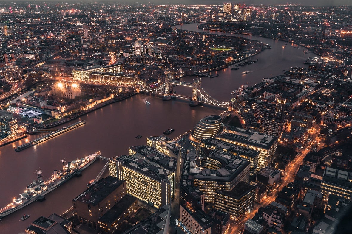A birds eye view of the Thames at night