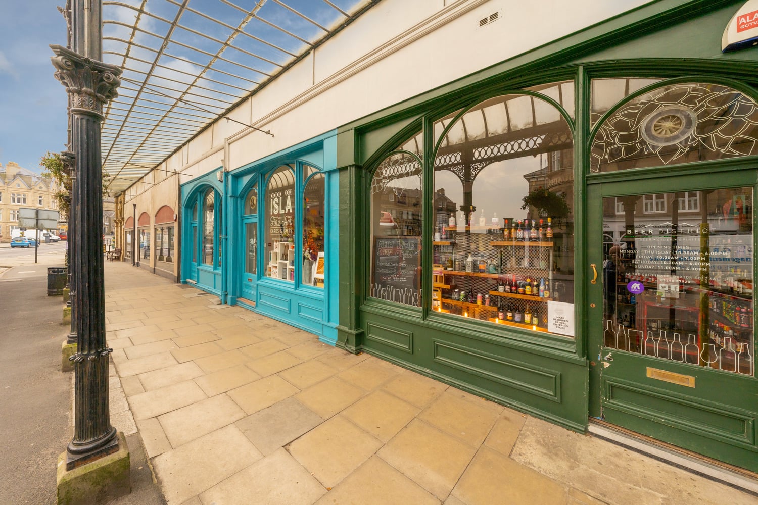 Row of shops in Cavendish Arcade in Buxton, Derbyshire.