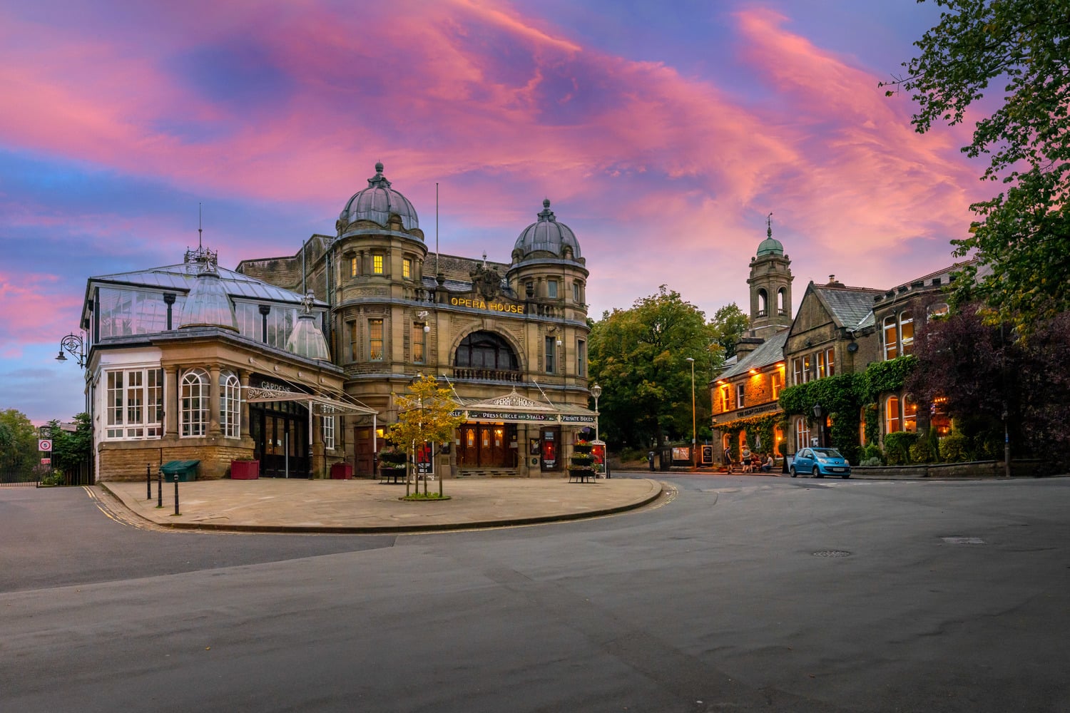 Exterior of Buxton Opera House during a beautiful sunset.