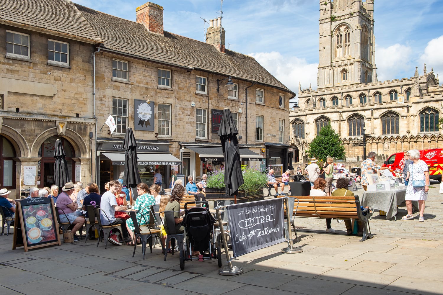 Red Lion Square in the historic market town of Stamford, Lincolnshire, on market day.