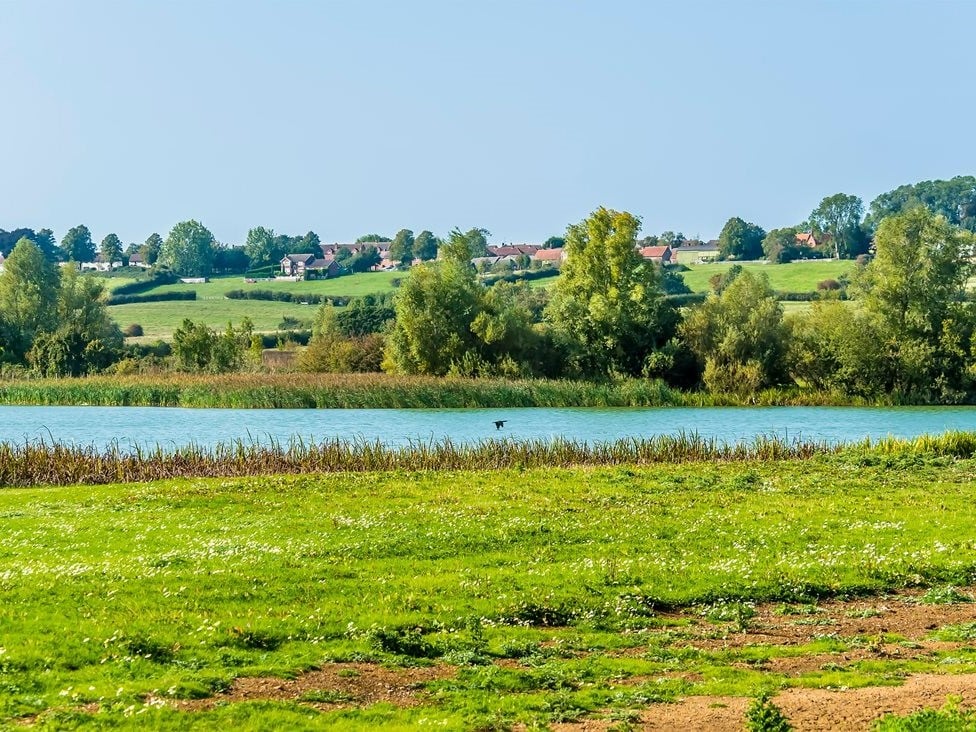 a lake surrounded by grass and trees