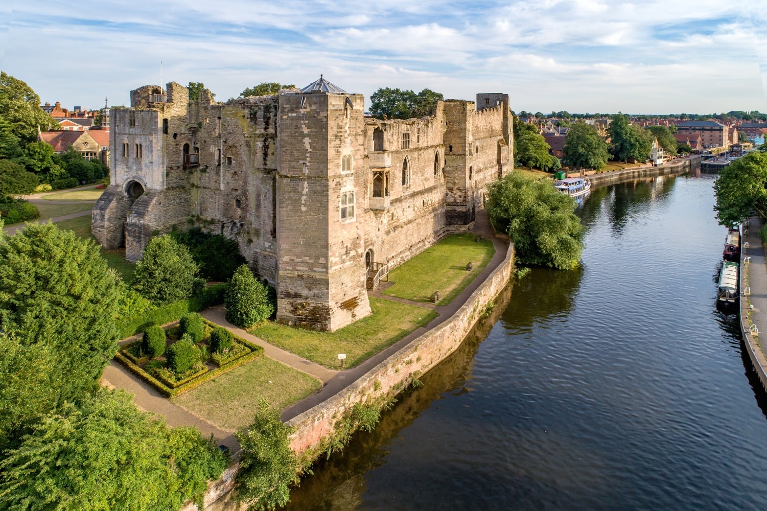 An aerial view of the medieval Newark Castle next to the River Trent in Nottinghamshire.