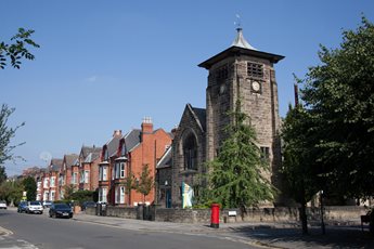 A clock tower in the centre of West Bridgford, Nottingham