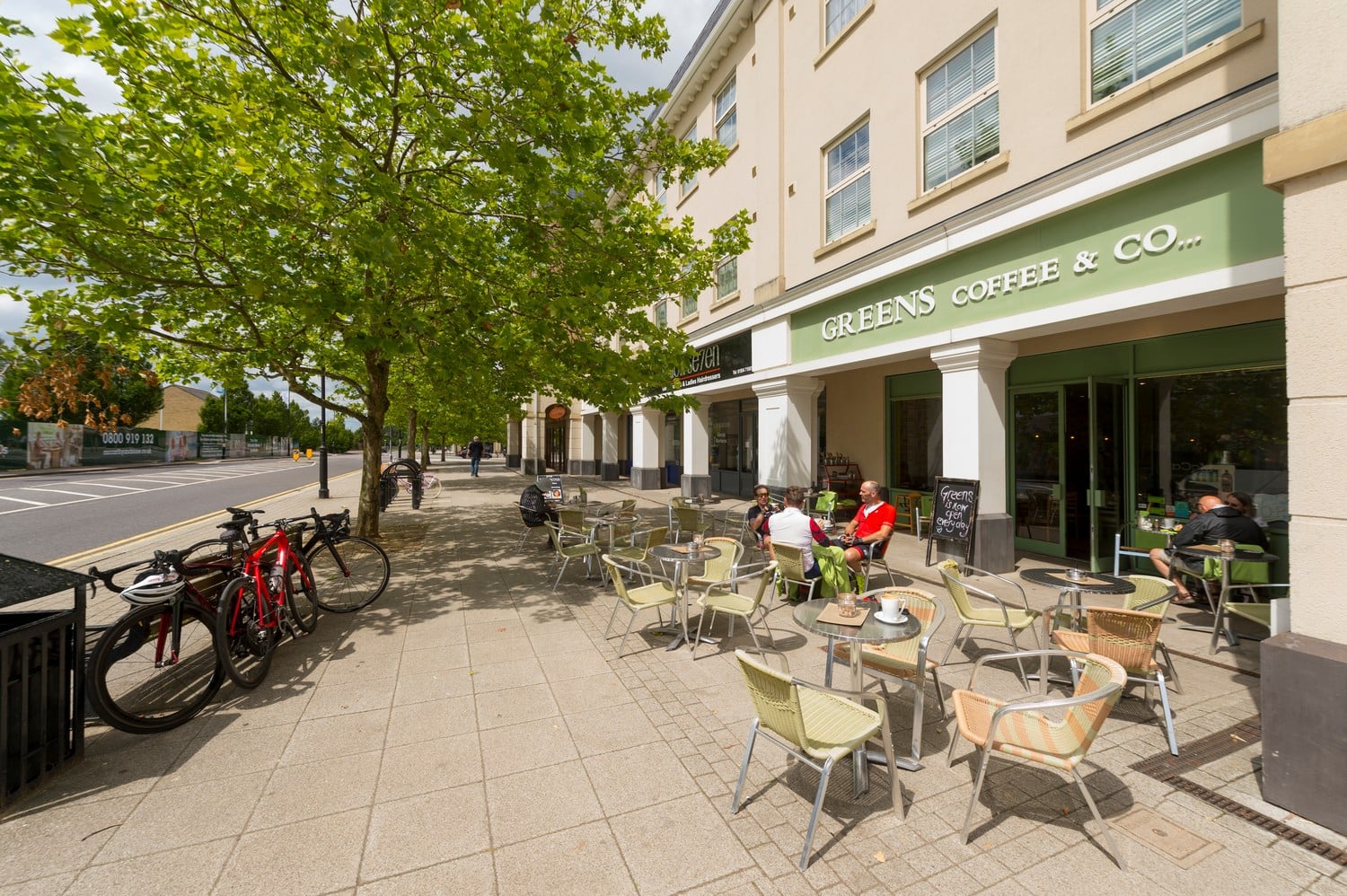 A row of cafés and shops in Cambourne.