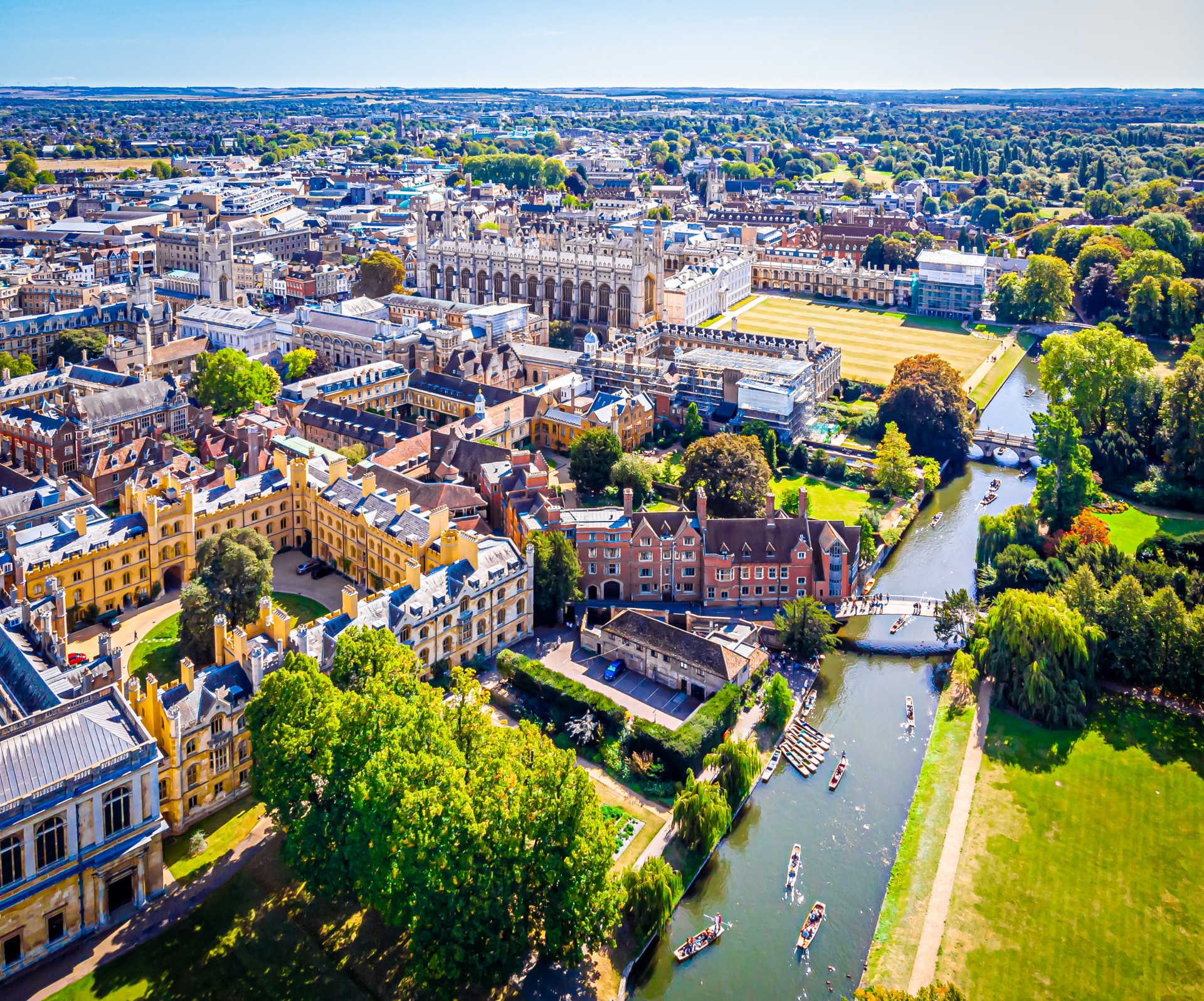 An aerial view of the River Cam through the city of Cambridge.