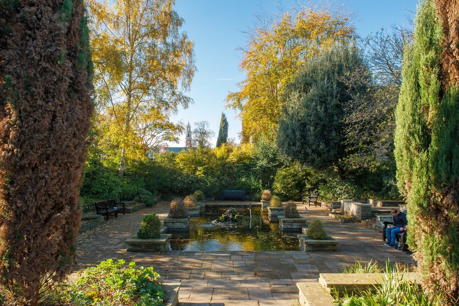 A person sitting on a bench next to the ornamental pond at Castle Park.