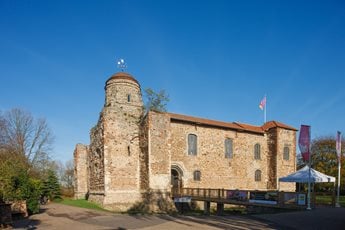 A view of the entrance to Colchester Castle on a sunny day.