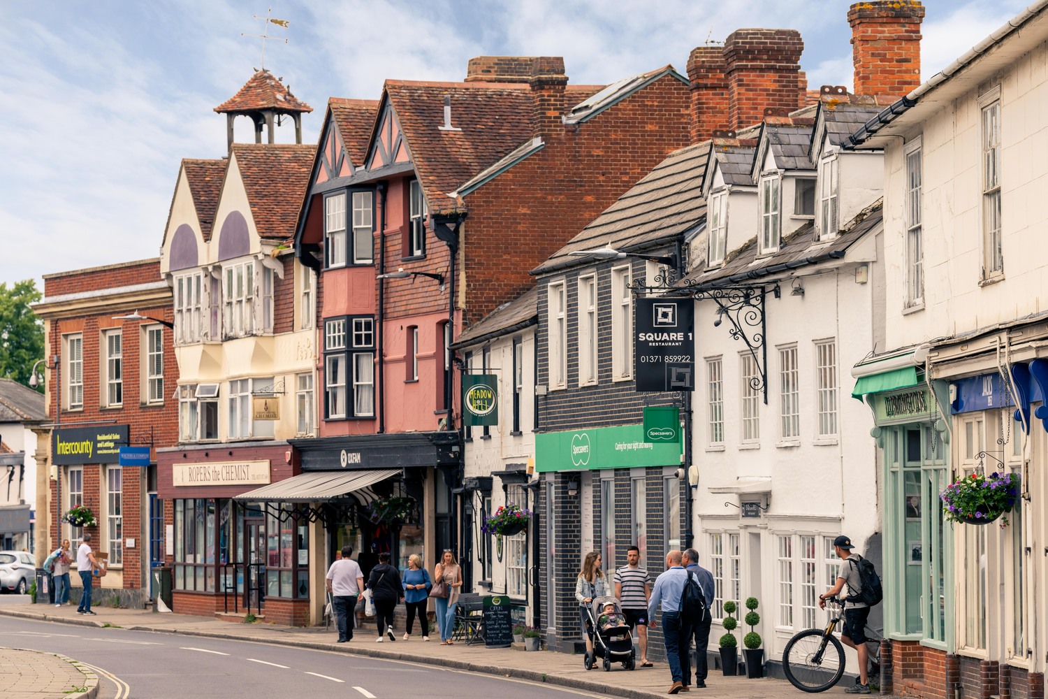 The high street in Great Dunmow, with medieval architecture.