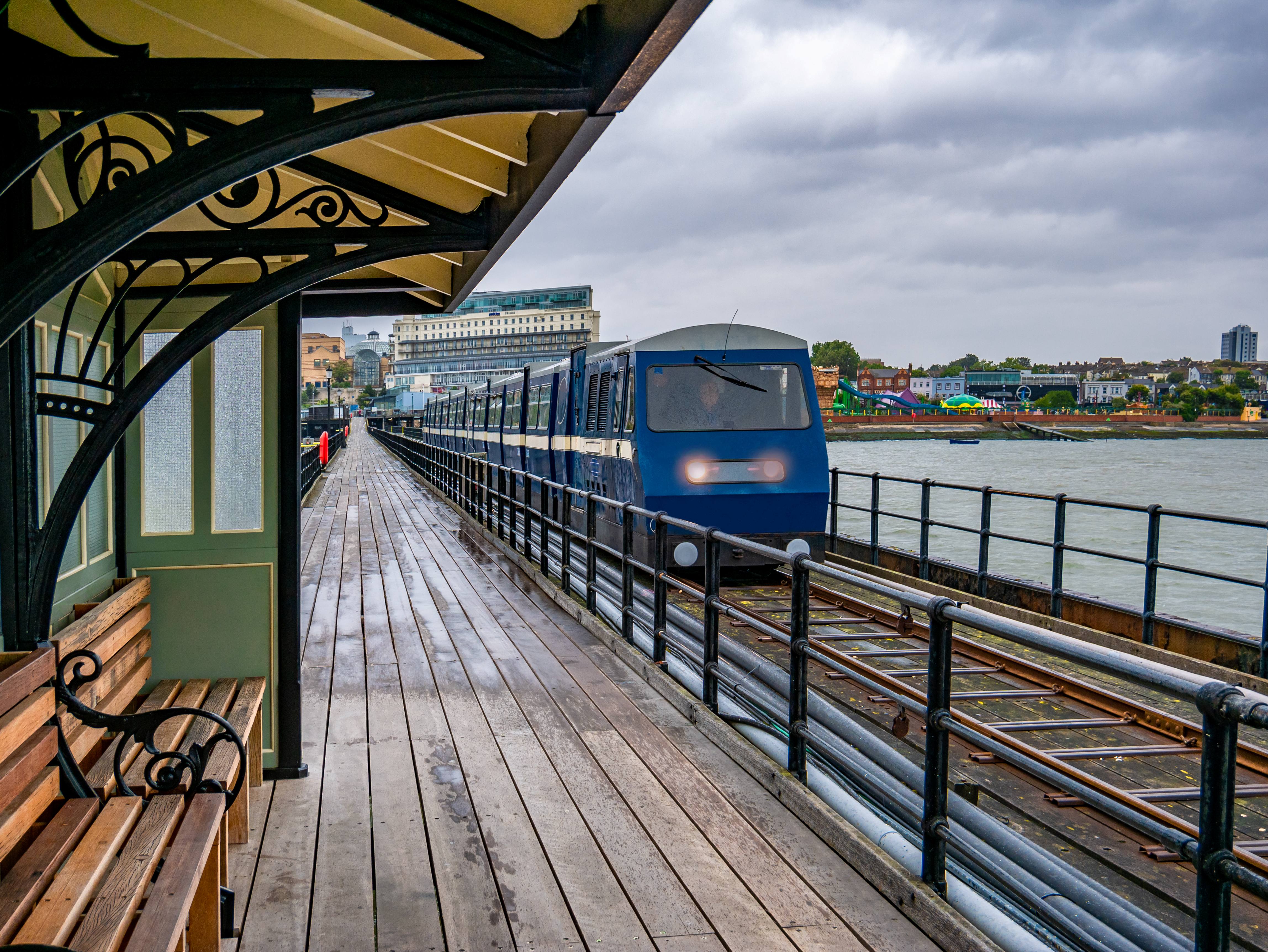 Southend Pier railway station on the west shore of England at Southend-on-Sea, Essex