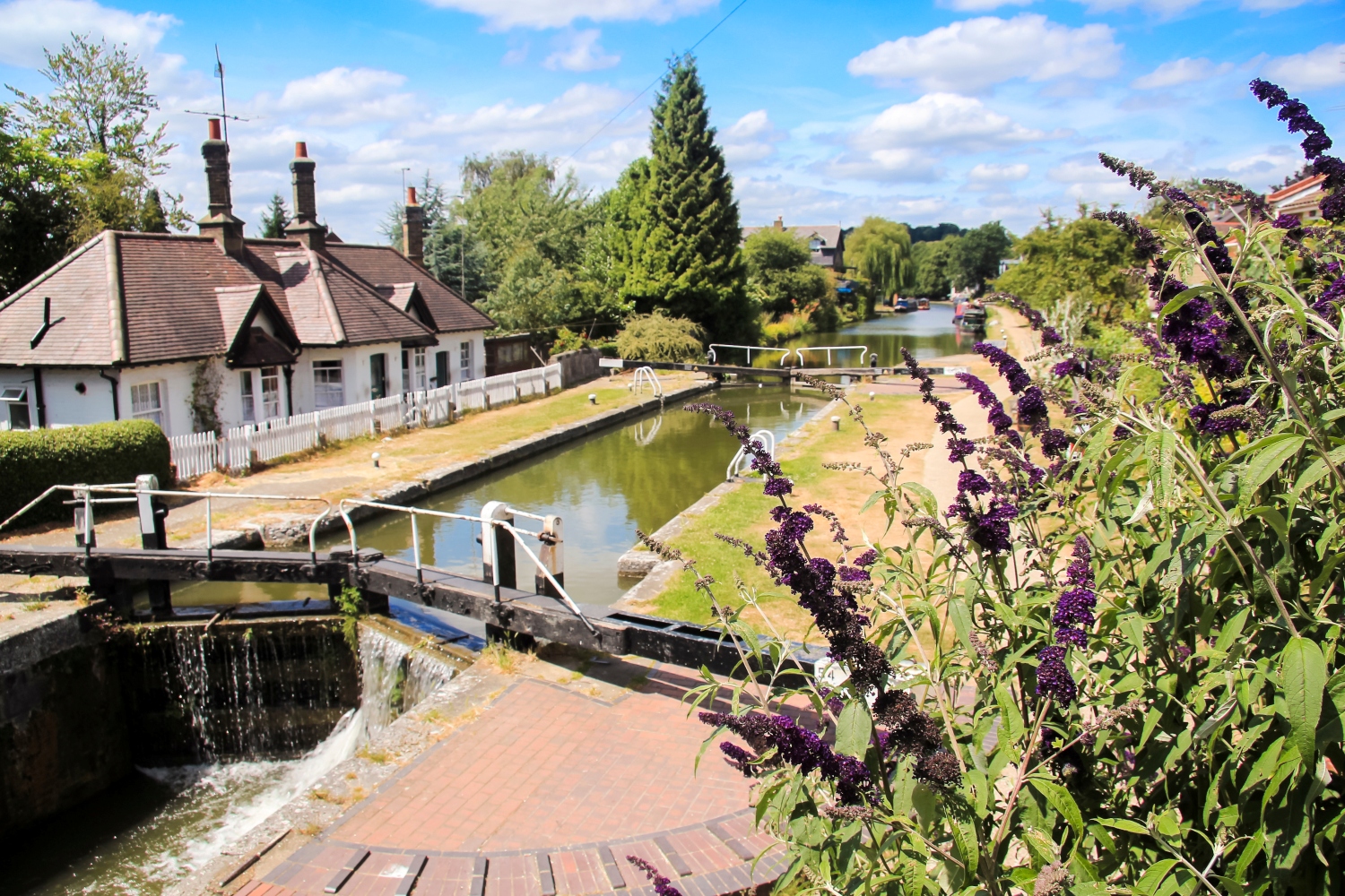 A pathway along the Grand Union Canal with a small bridge in the village of Berkhamsted in Hertfordshire.