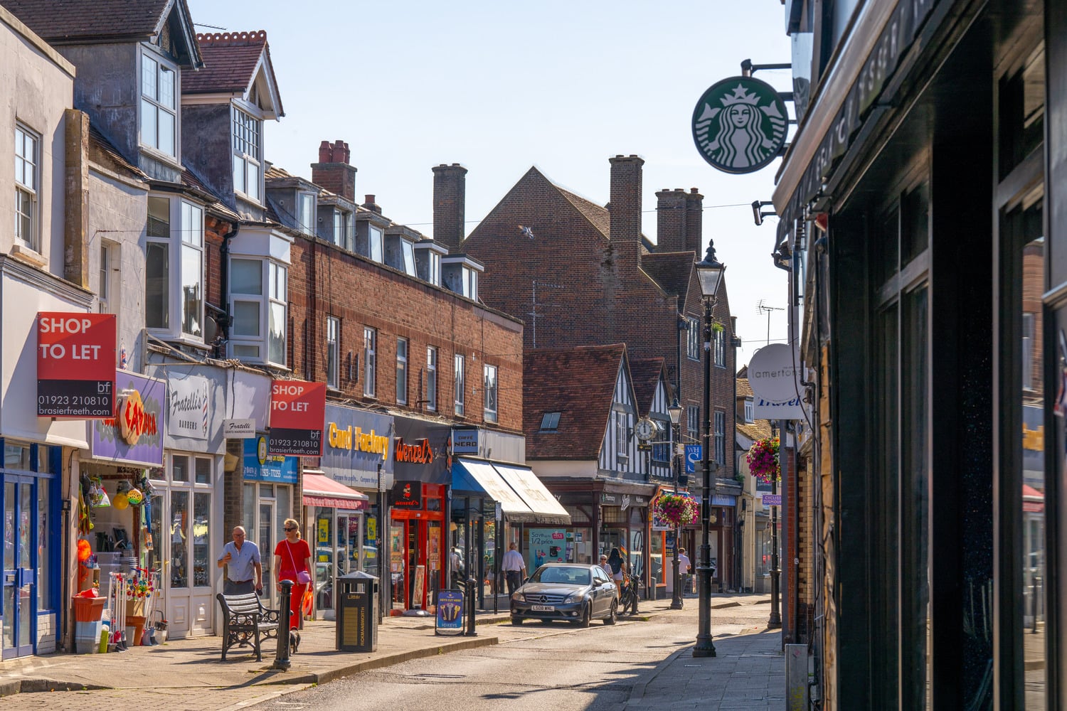 Several shops and cafes in Rickmansworth town centre.