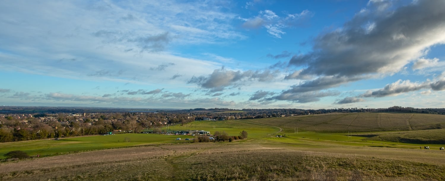 a large open field with a few buildings in it