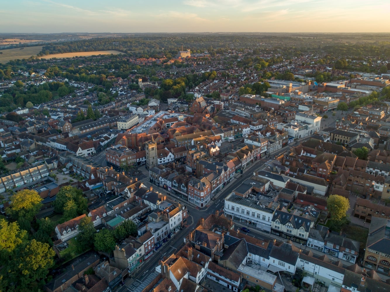 An aerial view of a the city of St Albans as the sun rises.