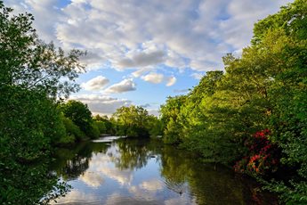 Kelsey Park, Beckenham, London with white clouds and trees reflected in the lake. 