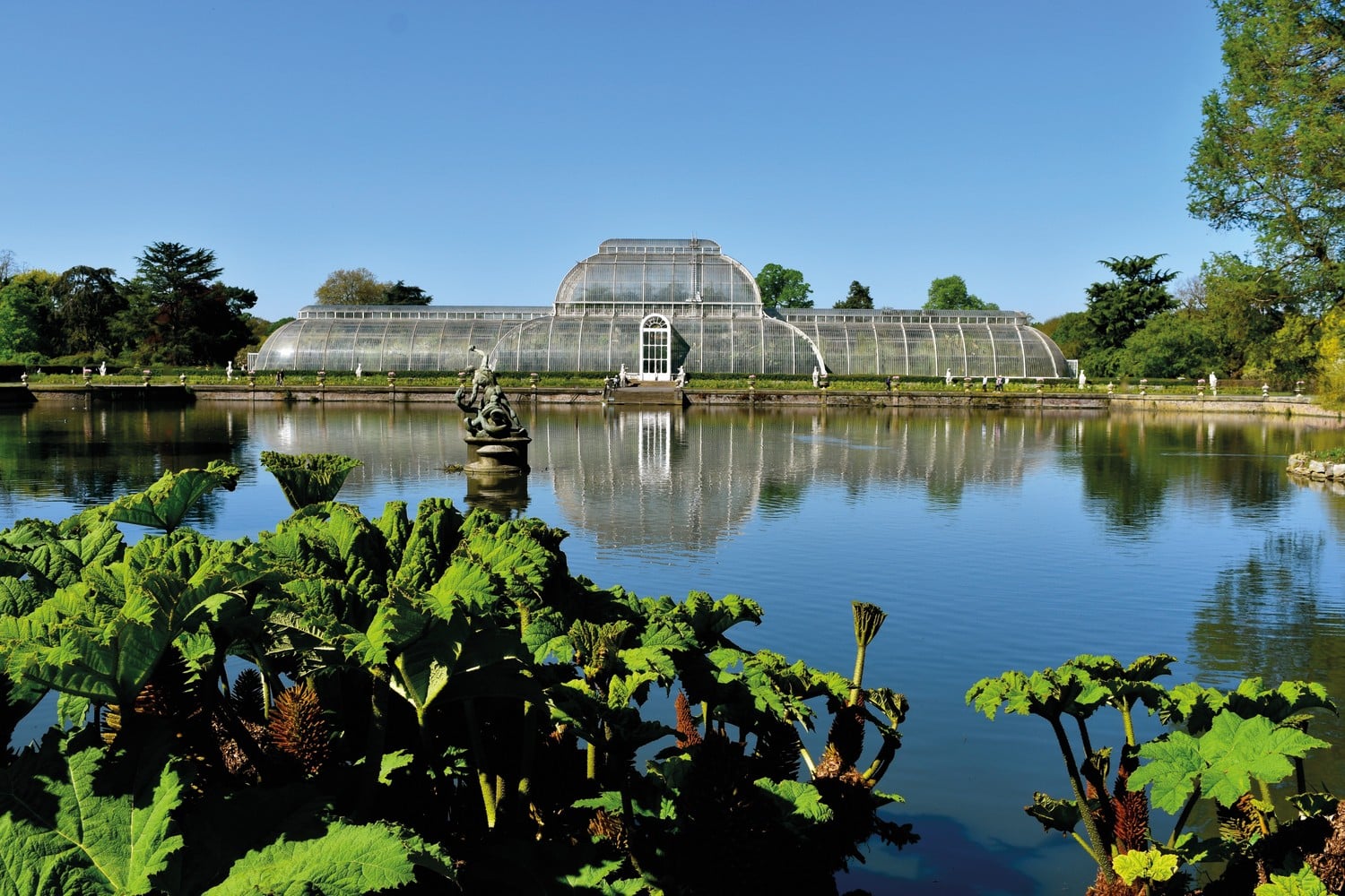 A view over the pond of the Palm House at Kew Gardens.