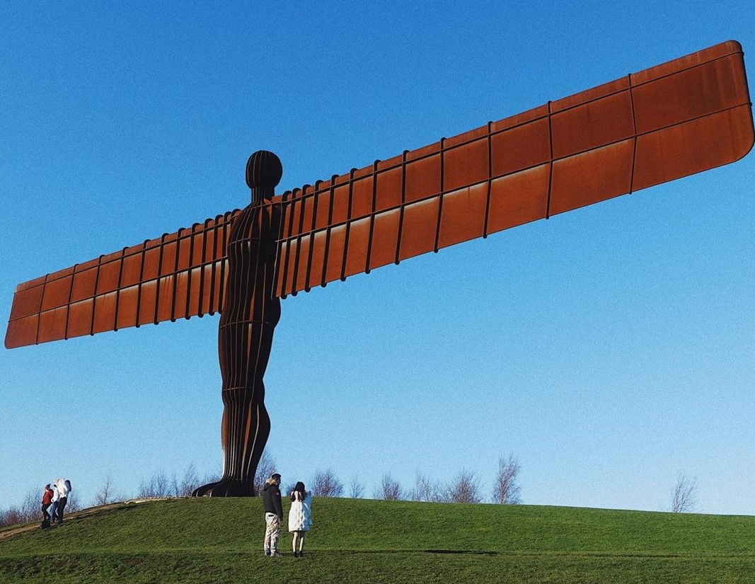 The Angel of the North, a contemporary art sculpture, on a hill in Tyne and Wear.