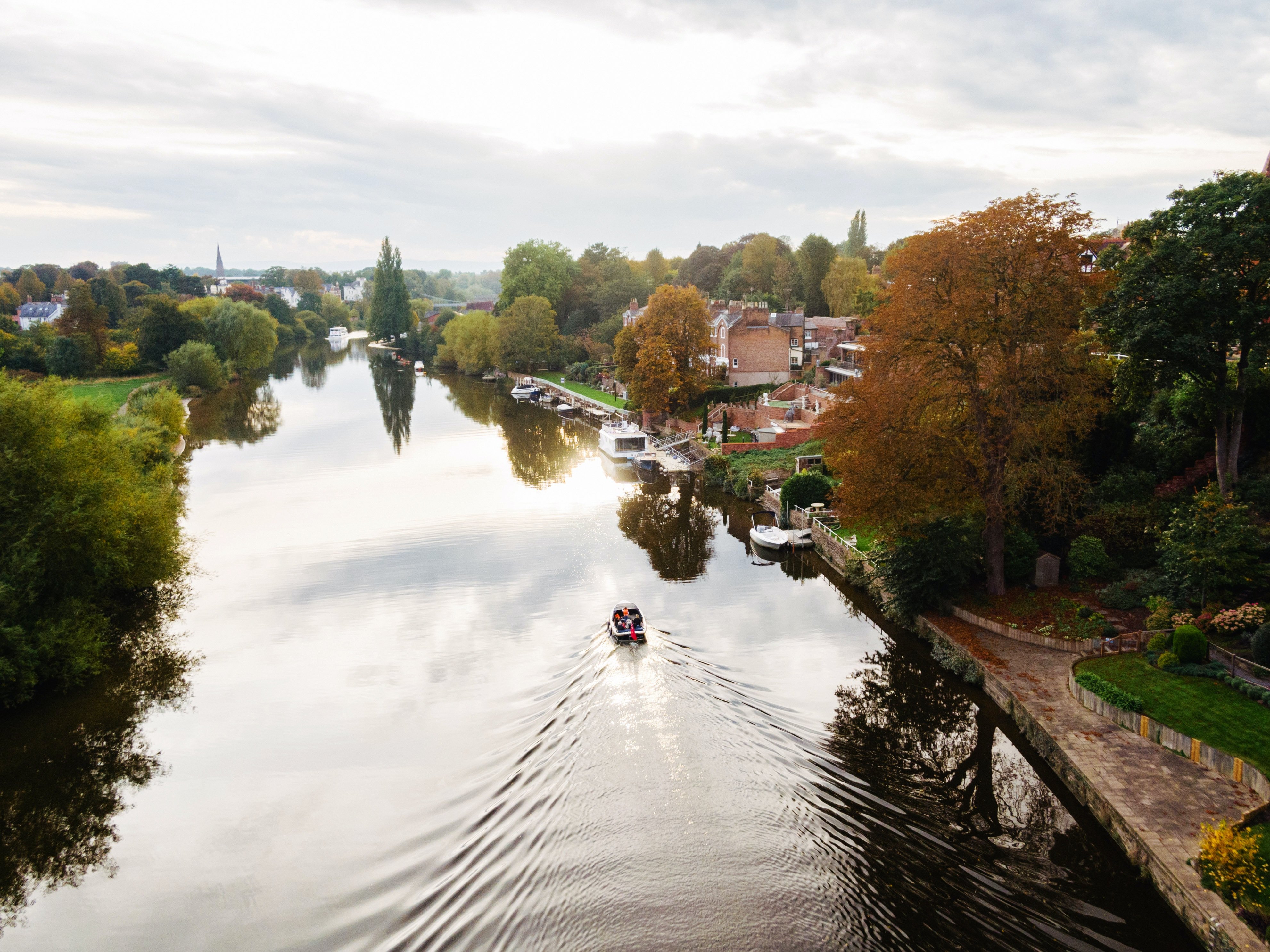 An aerial view over the river Dee in Chester, Cheshire