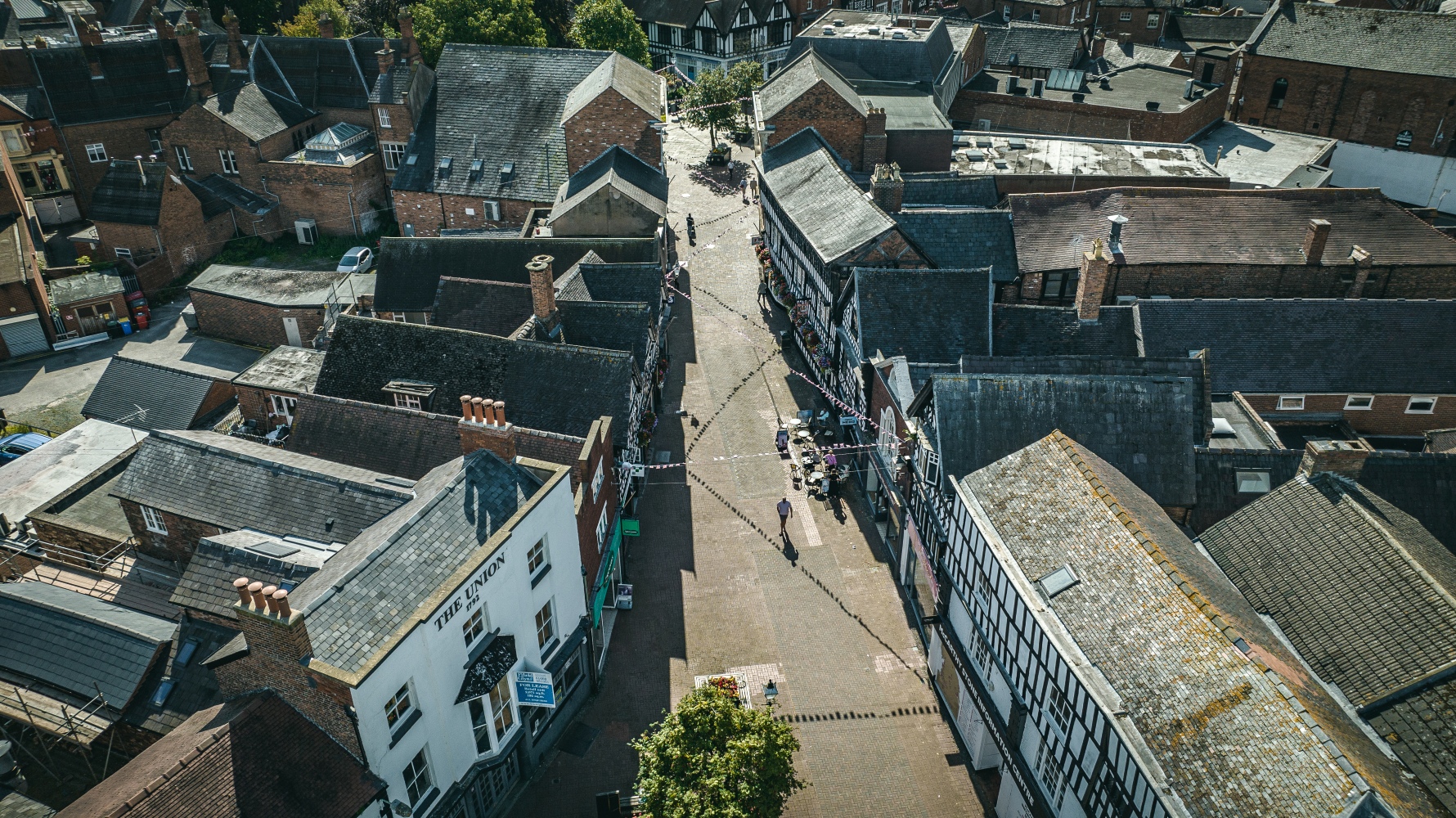 An aerial view of the old historic town centre of Nantwich in Cheshire.