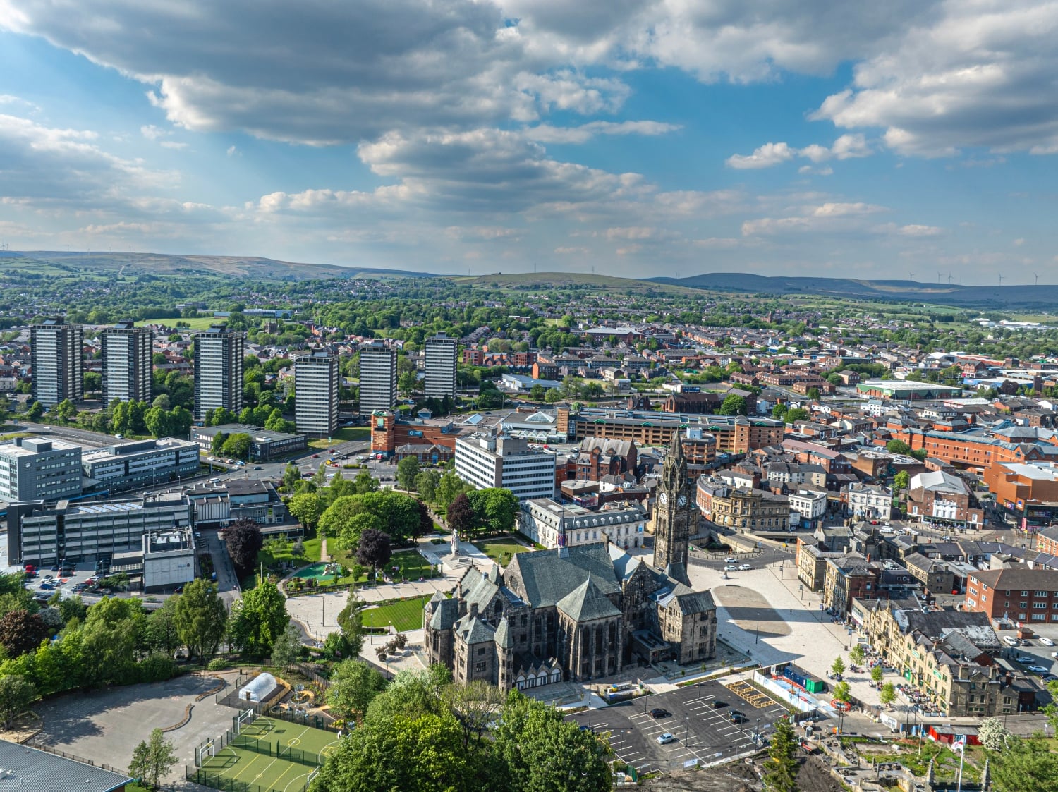 An aerial view of Rochdale with the Town Hall in foreground.