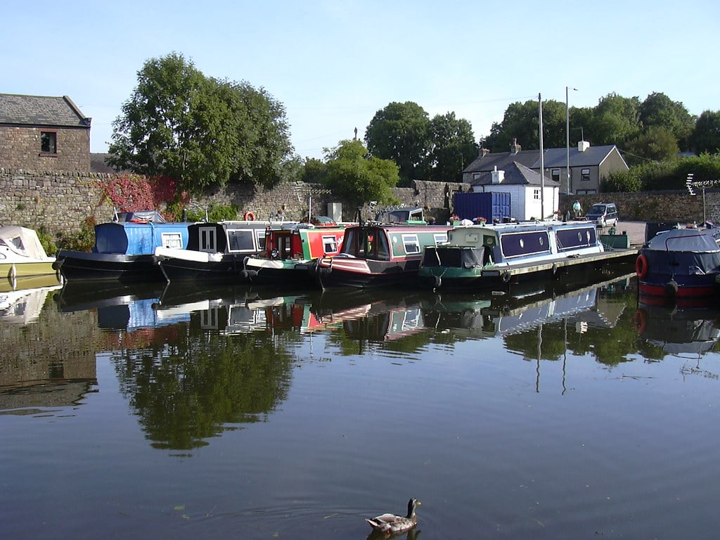 Narrow boats moored up on Lancaster Canal.