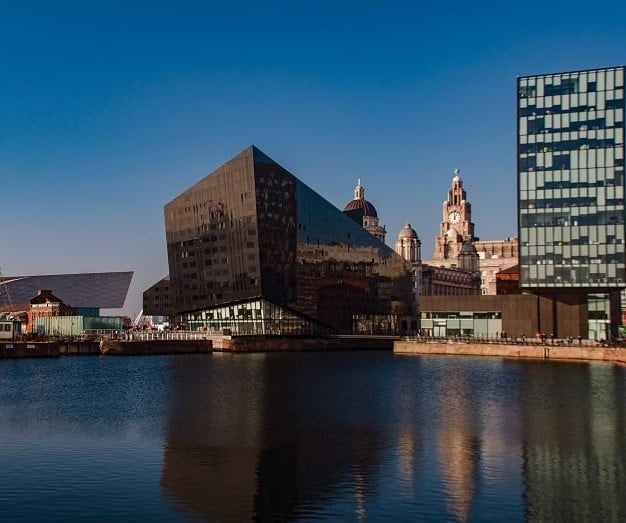 The Royal Albert Dock, waterfront, and surrounding buildings in Liverpool.