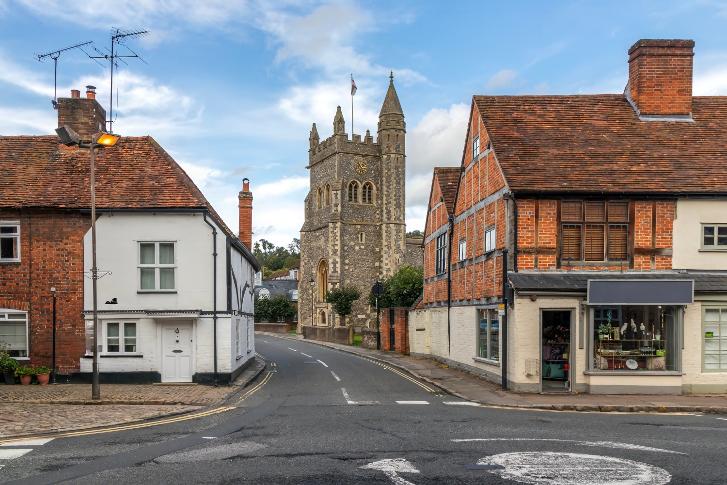 A view down Church Street of St Mary the Virgin church in Amersham, Buckinghamshire.