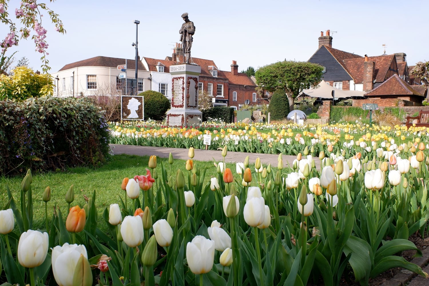 Tulips bordering a path and lawn with a statue in the background at Memorial Gardens in Old Amersham.