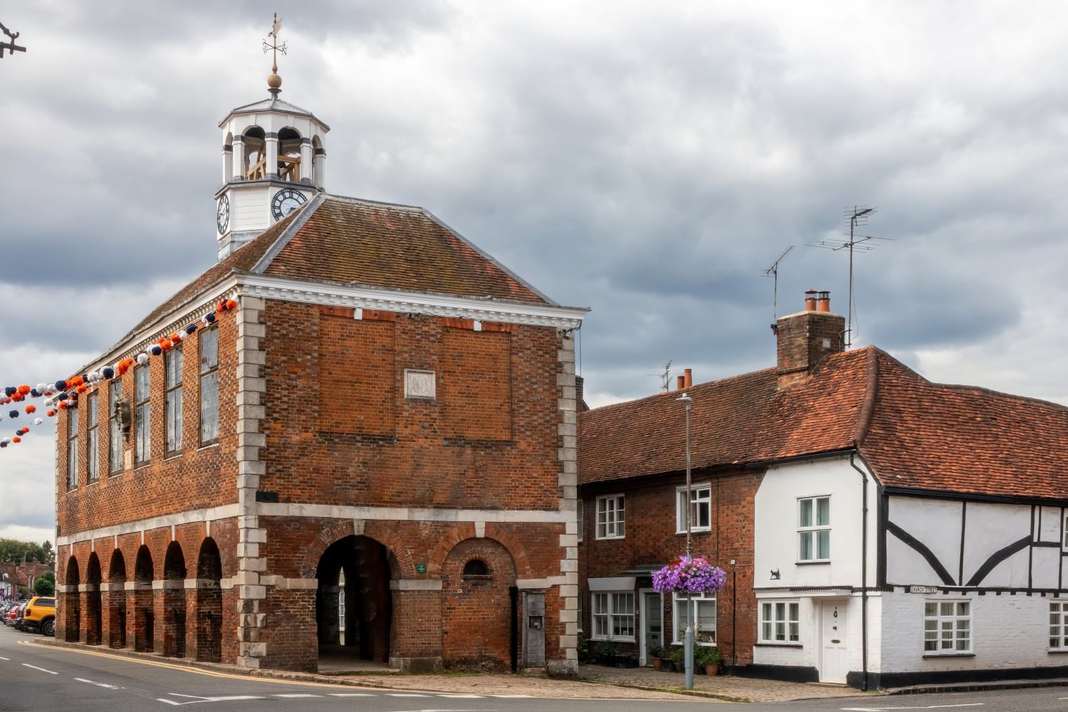Old Market Hall in Amersham on a cloudy day.