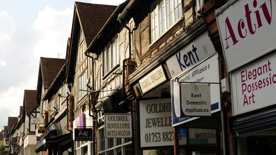 a street with signs on it