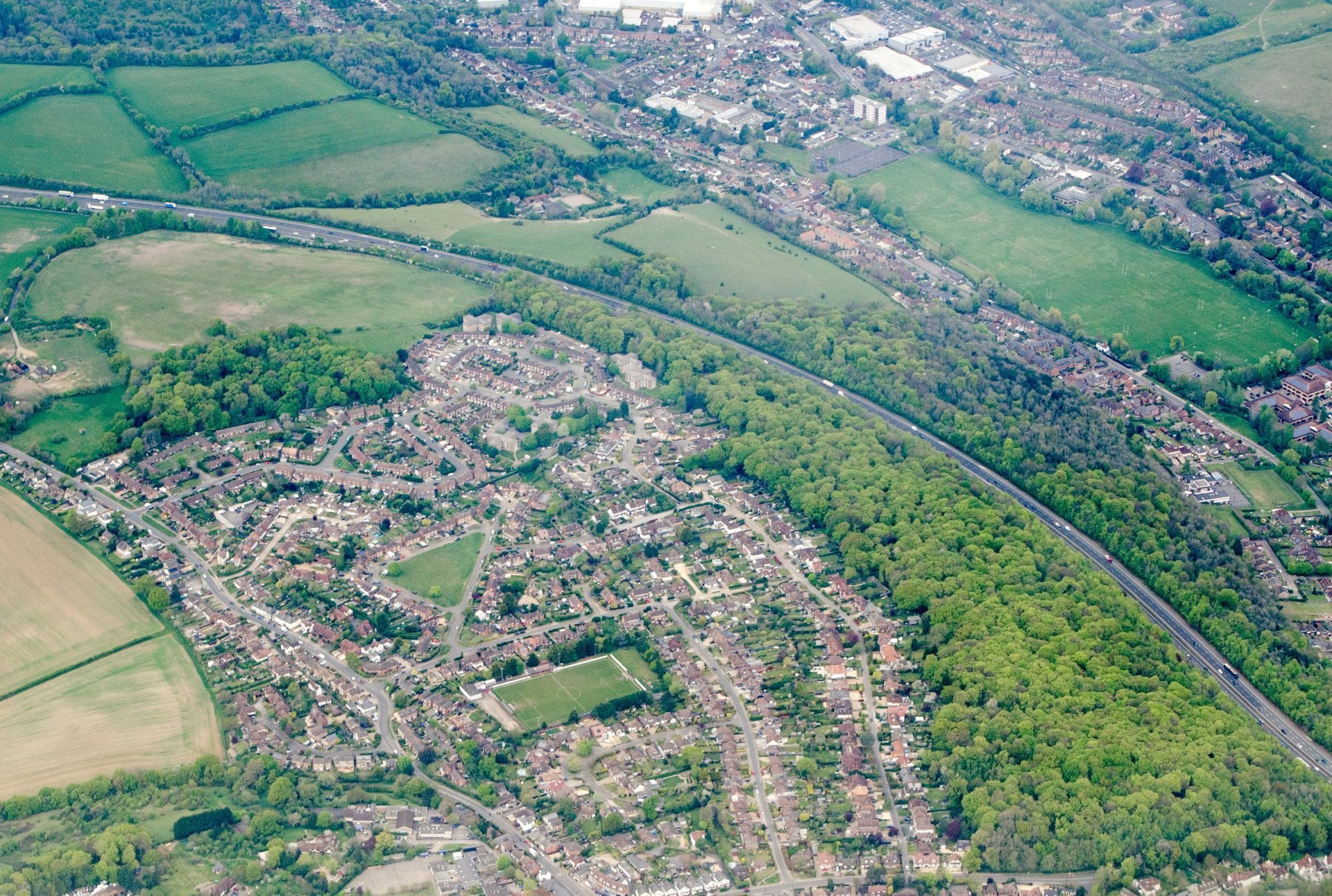 An aerial view of Flackwell Heath, near High Wycombe, Buckinghamshire.