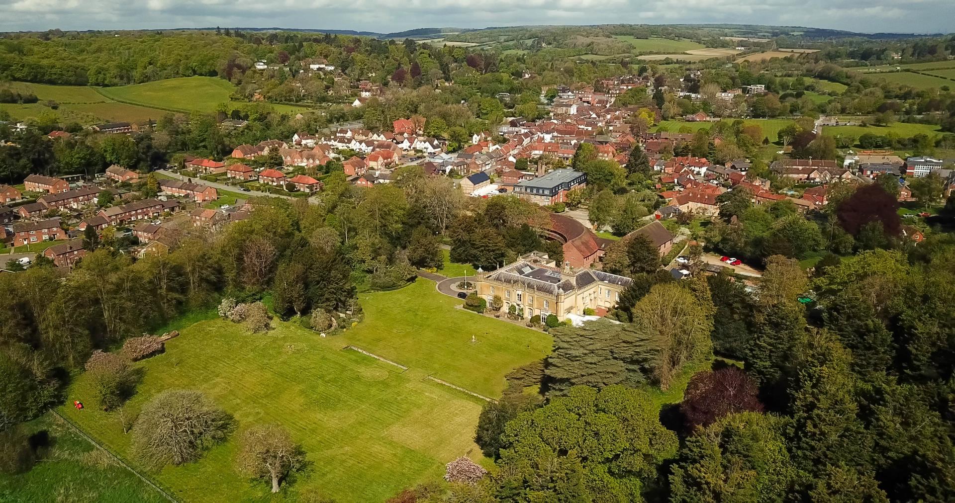 a large green landscape with trees and buildings