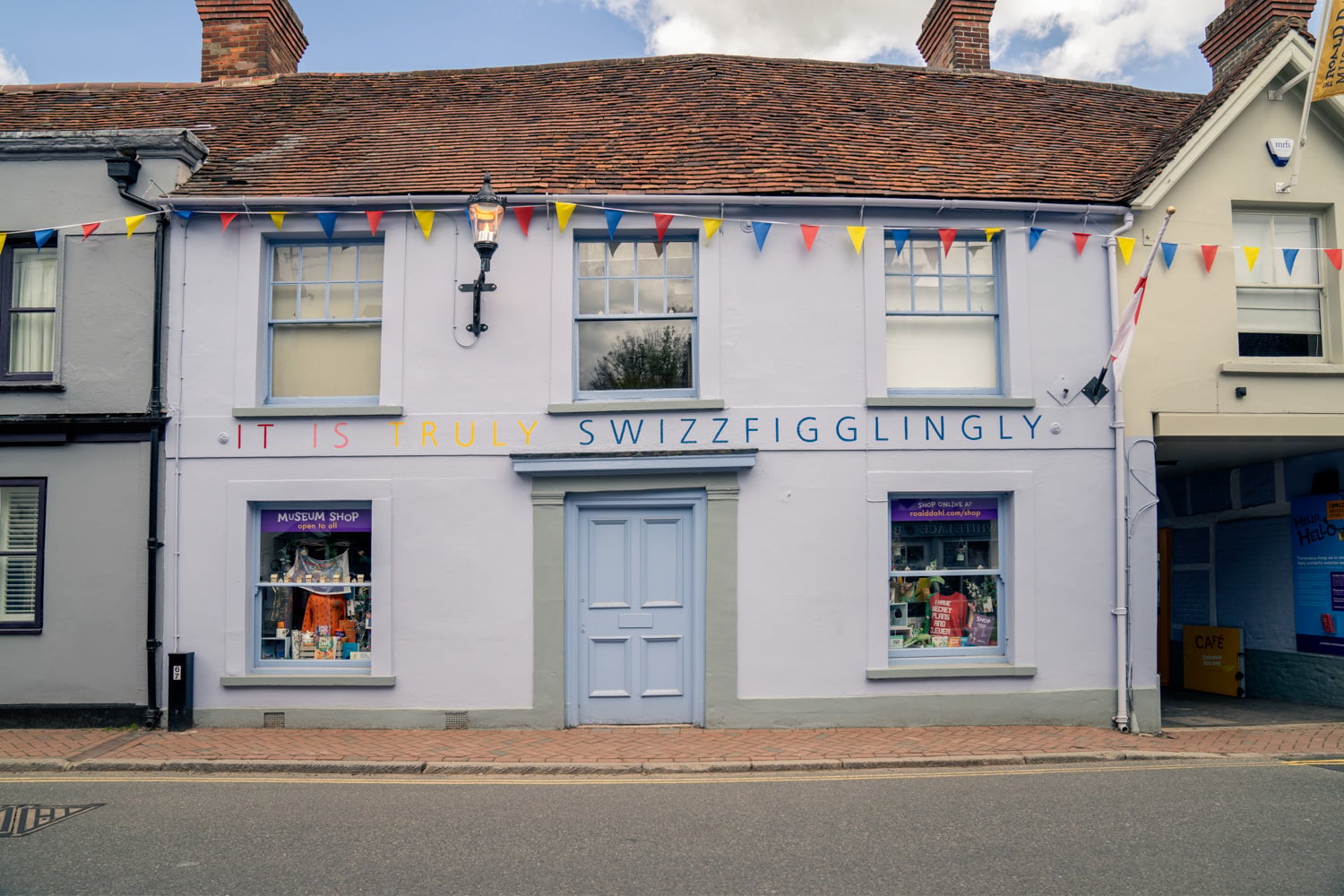 The pale blue building of the Roald Dahl Museum and Story Centre.