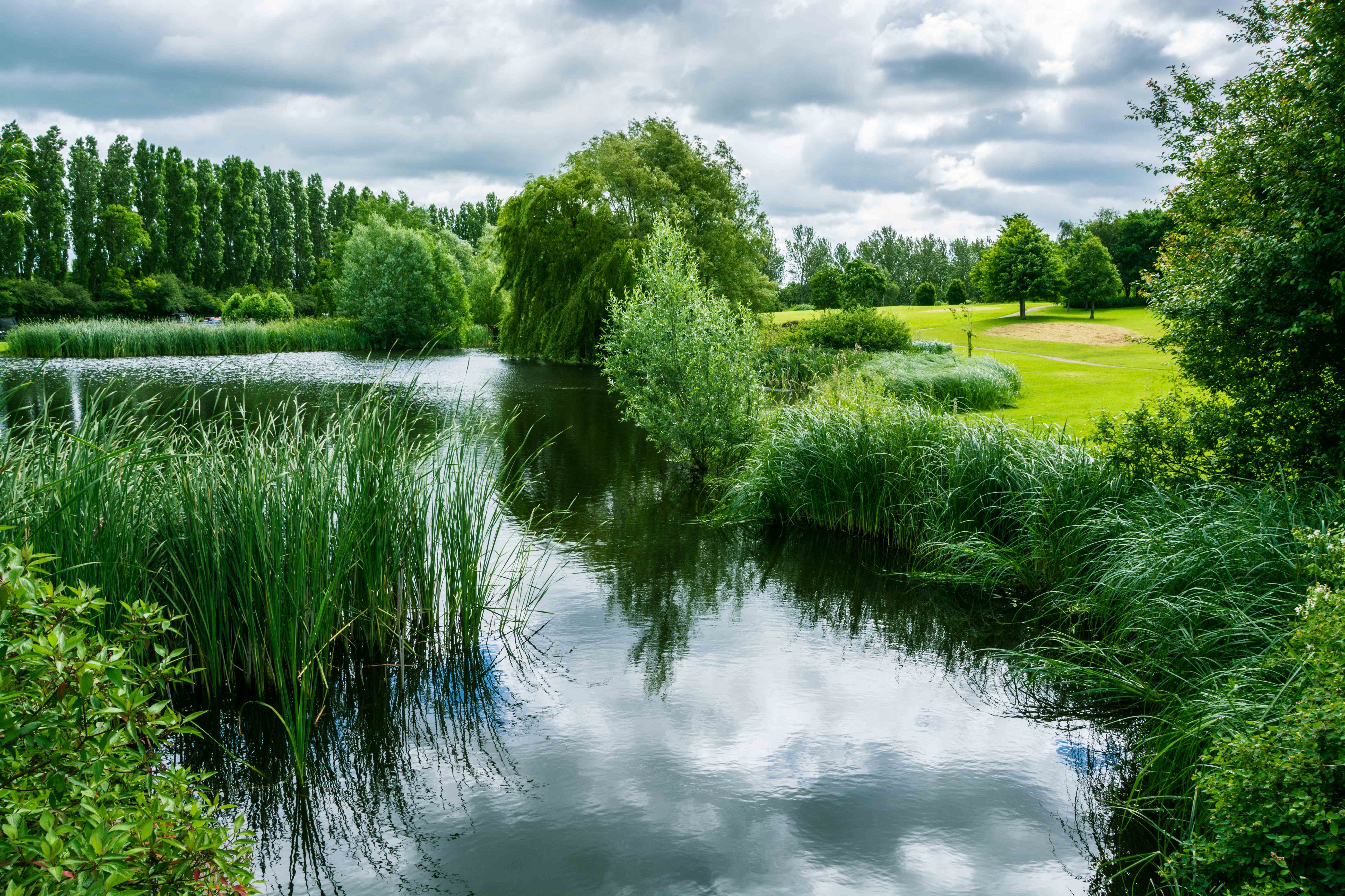 Lake in Campbell park on overcast day in summer, Milton Keynes.