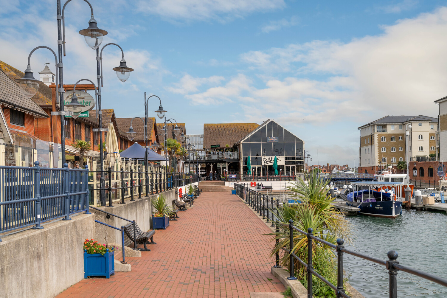 Shops and restaurants at Sovereign Harbour marina, Eastbourne.