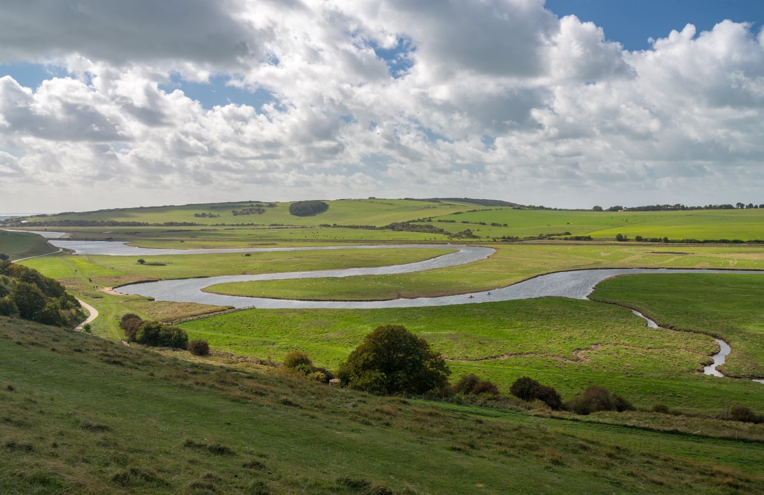 The meandering River Cuckmere as it flows through the flood plains of Cuckmere Haven in East Sussex.