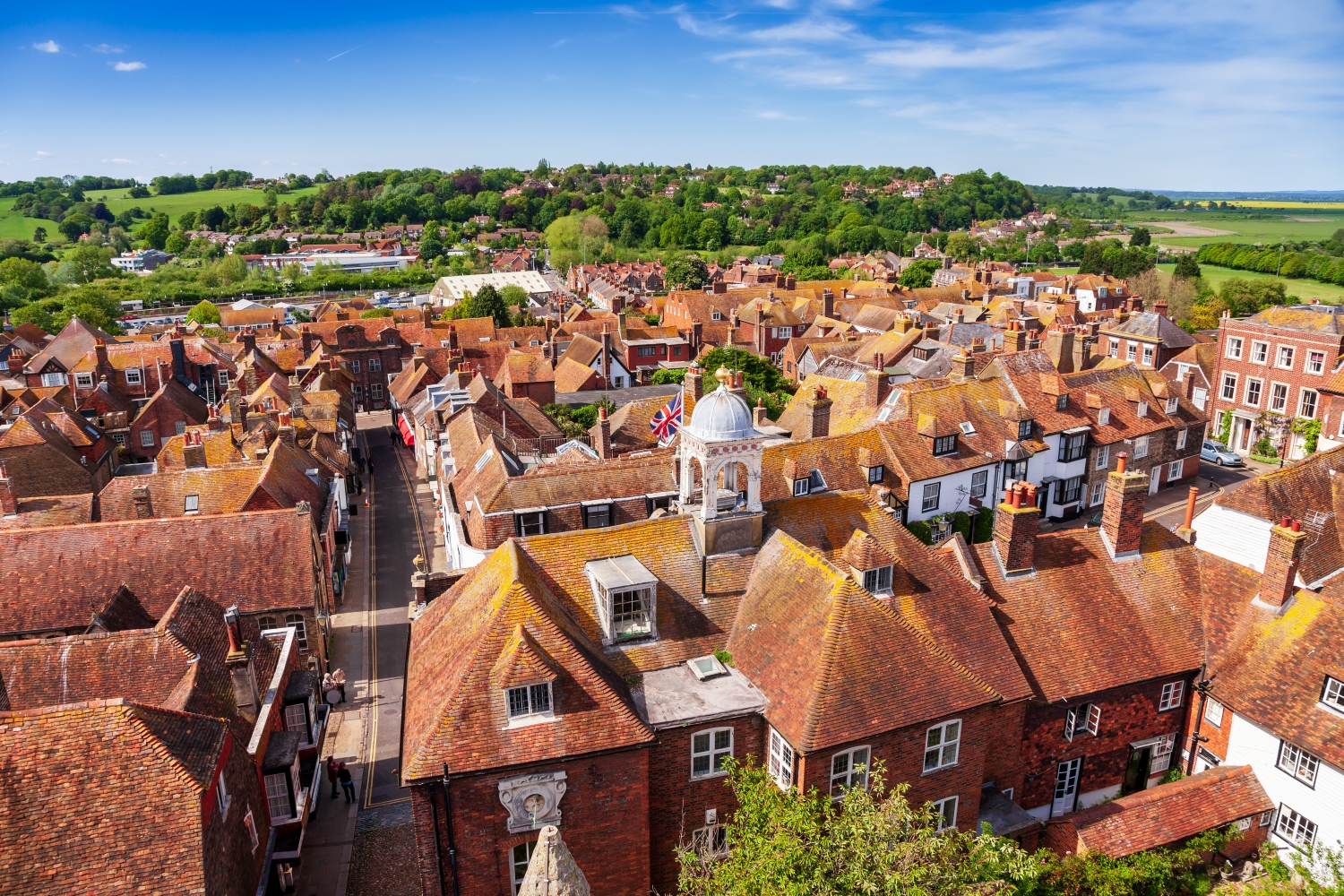 An aerial view of the Rye townscape, with rolling hills in the background.