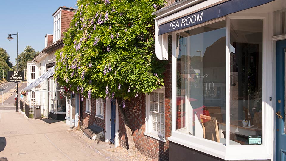 a small cafe with a tree