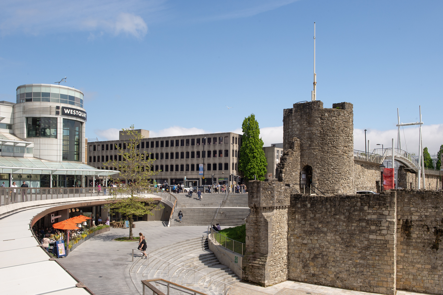 The medieval Arundel Tower next to the modern Westquays Shopping Centre in Southampton.