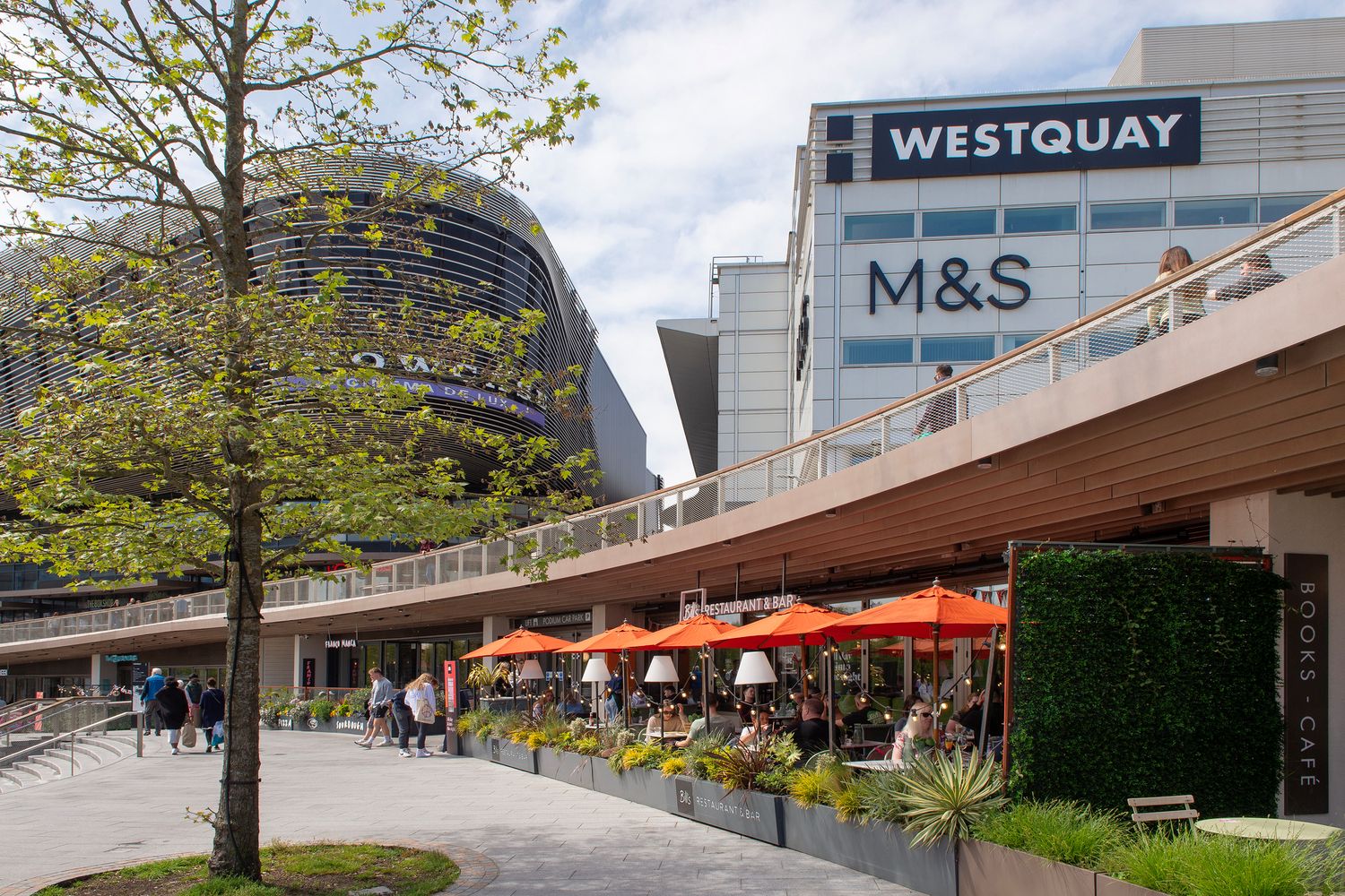 West Quay retail park exterior restaurants and buildings